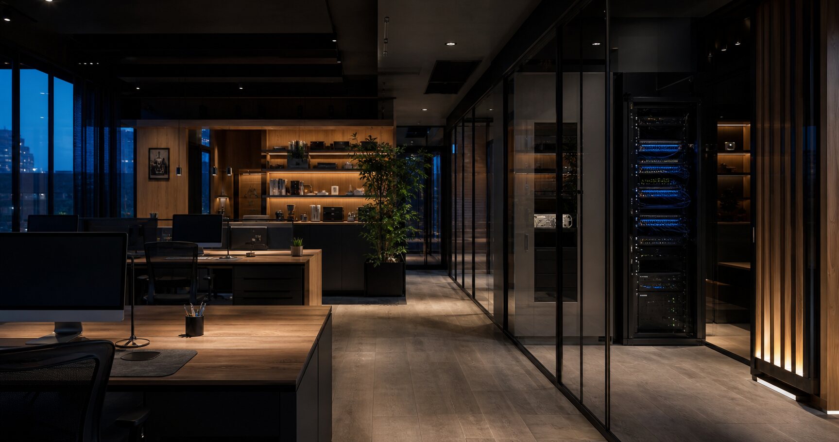 A modern office with workstations and a neatly installed network rack.
