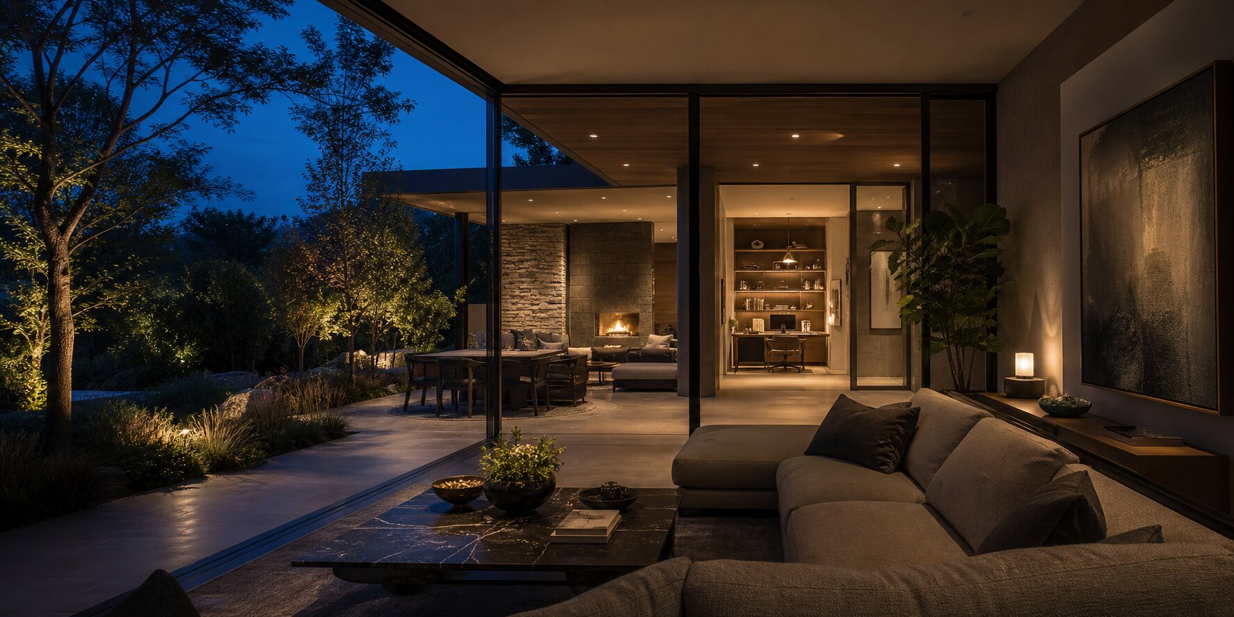 A warm contemporary home opening onto a landscaped patio at blue hour.